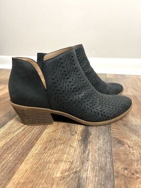 Life Stride Black Perforated Ankle Booties with Brown Stacked Heel